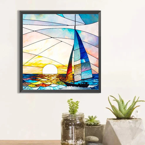 DIY 5D Diamond Painting Kit - Stained Glass Sailboat
