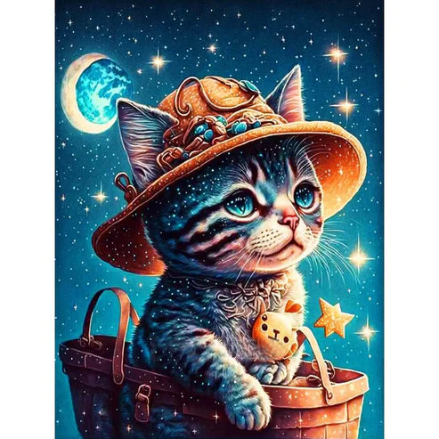 DIY 5D Diamond Painting Kit - Cat With Hat Under Moon
