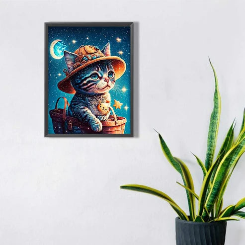 DIY 5D Diamond Painting Kit - Cat With Hat Under Moon