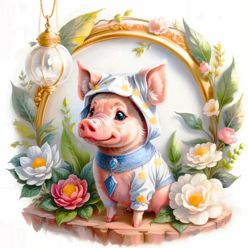 DIY 5D Diamond Painting Kit - Flower Frame Pig