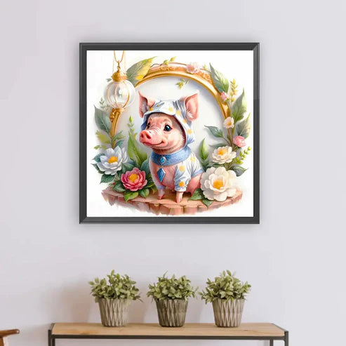 DIY 5D Diamond Painting Kit - Flower Frame Pig