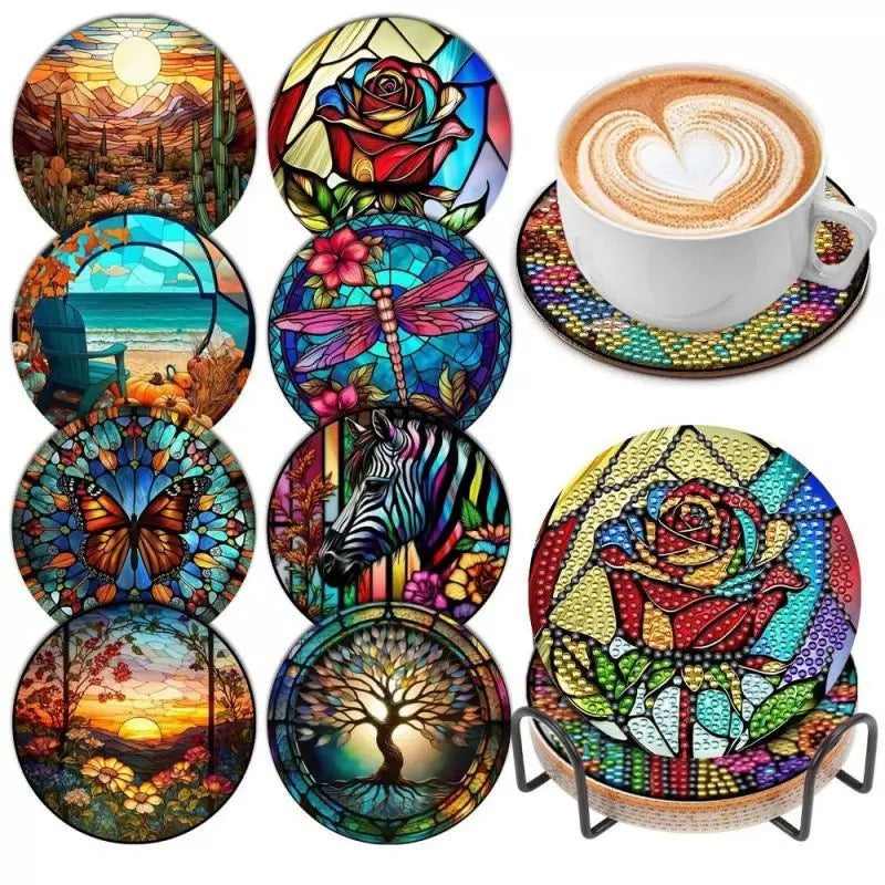Stained Glass Style Diamond Painting Coasters 8Pcs