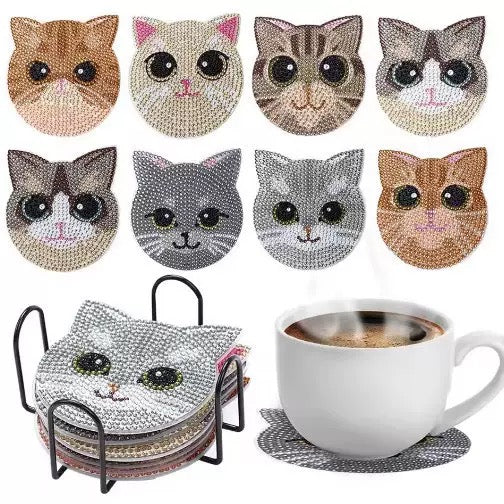 Cute Cat Diamond Painting Coasters 8Pcs