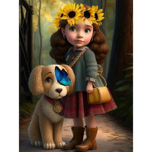 DIY Diamond Painting Kit - Sunflower Girl With Dog Painting